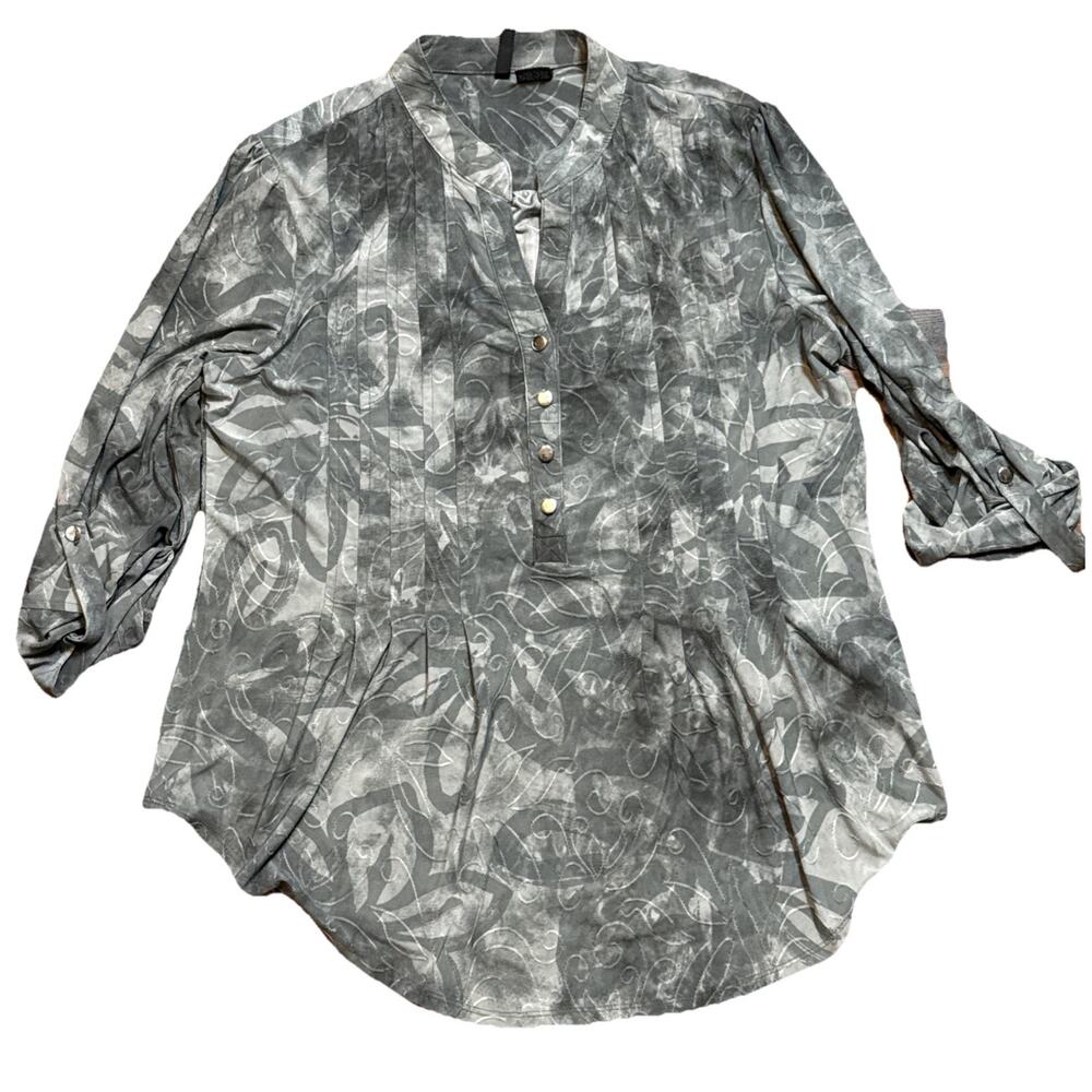 New Directions Gray Abstract Scroll Print Blouse Medium Boho Career Casual
